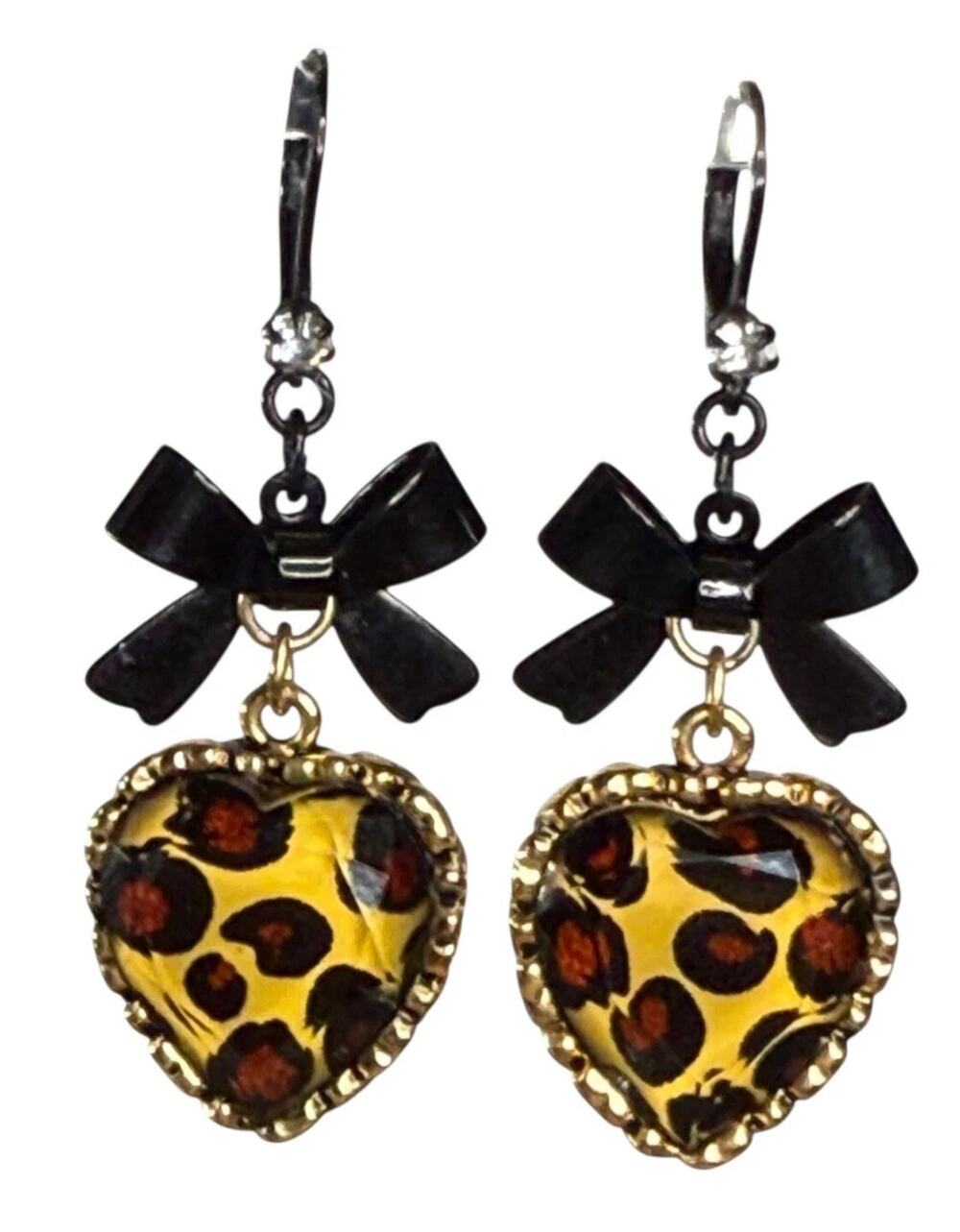Betsy Johnson Leopard Heart Drop Earrings with Black Bows - Retro Statement JWL